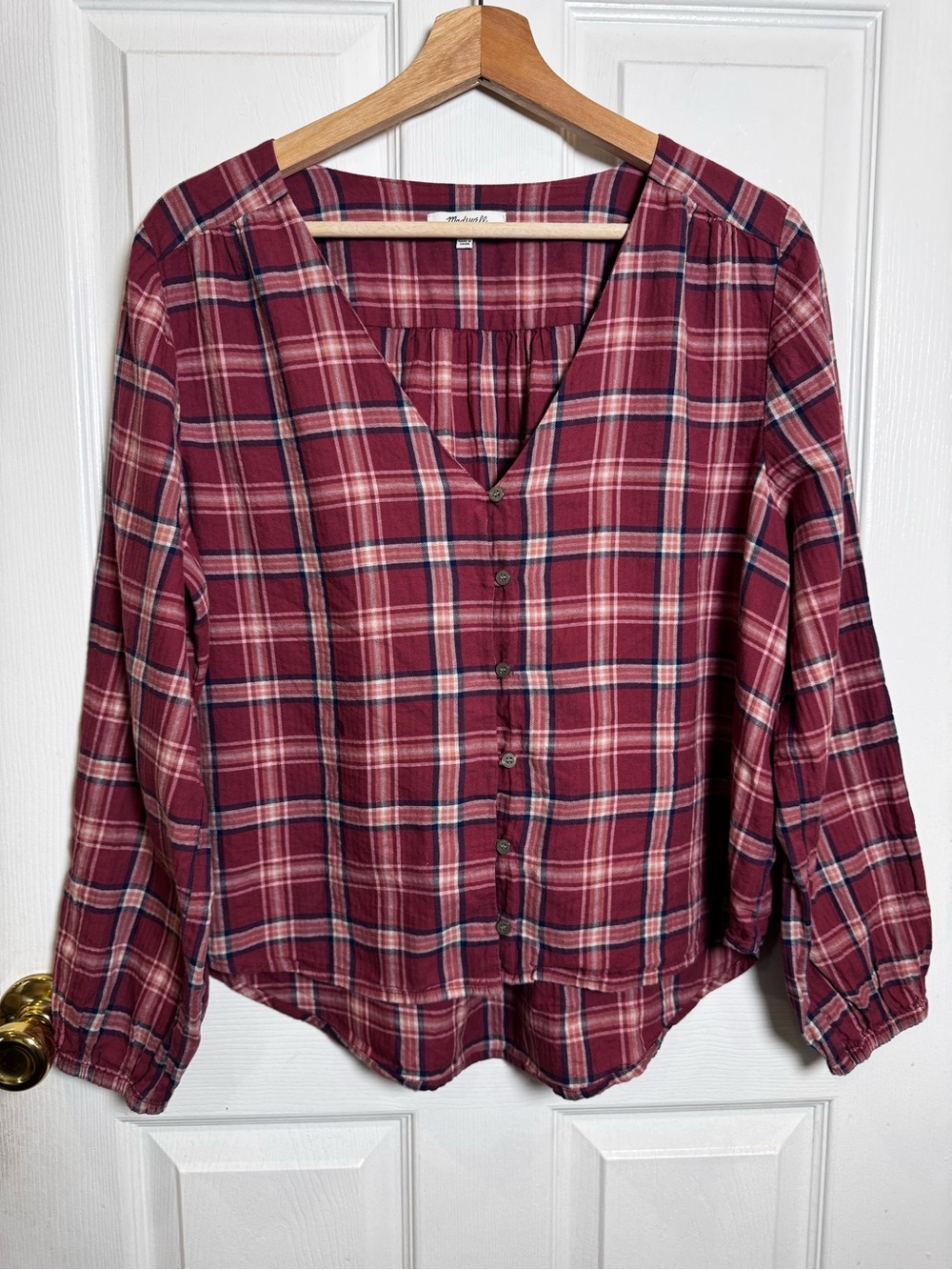 Madewell Plaid Button Front Blouse Large Burgundy Cotton Fall Coastal Preppy